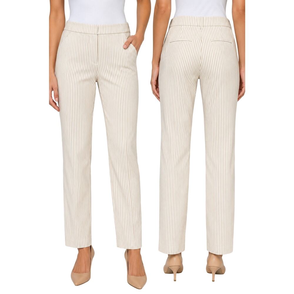 Chico’s Pull On Ankle Pants Tan Stripe Slim Stretch Cottage Casual 12
